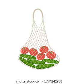 Cucumbers and tomatoes in a string bag. Vegetables in a shopping bag. Food Delivery Concept. Vector illustration on a white background