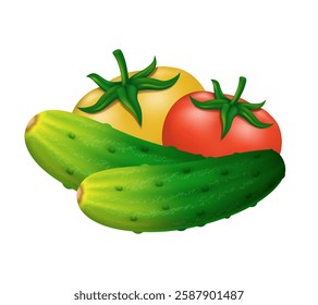 Cucumbers and tomatoes. Vector 3D clipart isolated on white background.