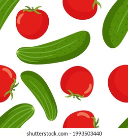 Patrón Seamless de pepinos y tomates. Hortalizas frescas de granja. Ingredientes para cocinar. Diseño verde, rojo Plano para menú, café, papel digital de restaurante, papel pintado, tela textil, papel envolvente.