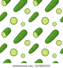 Cucumbers whole and sliced, vector illustration. Seamless pattern with cucumbers.