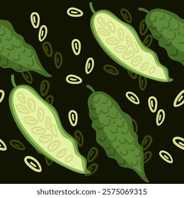 Cucumbers and zucchini slices in a seamless pattern with a green backdrop. Perfect for food packaging or healthy living visuals. Vector illustration