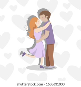Cuddling couple in love. A girl with red hair in light violet dress and a boy in violet t-shirt and brown trousers. A couple of lovers embracing each other. Saint Valentine's, date, love concept.