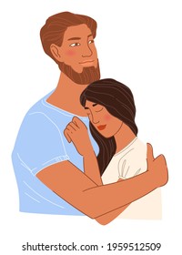 Cuddling couple in love, man and woman hugging and express tenderness and deep feelings of devotion and loyalty. Boyfriend and girlfriend on date, romantic meeting of two. Vector in flat style