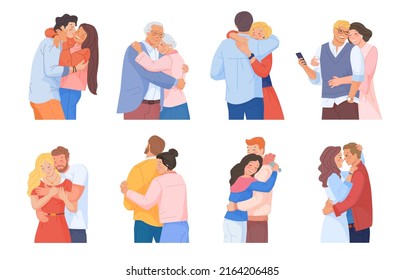 Cuddling couple. Romantic beautiful couples cuddle, love characters woman hug man adult boyfriend, intimacy relationship hugging people reunion friends, swanky vector illustration