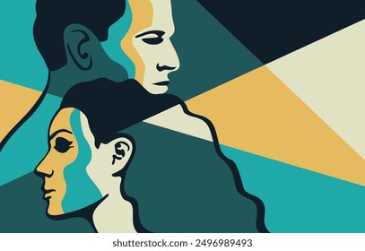 Cuddling people - couple embracing each other - abstract conceptual vector illustration, drawn and geometric style