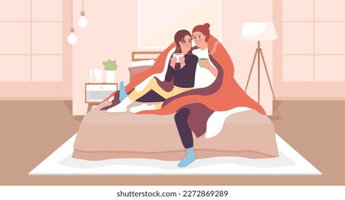 Cuddling to stay warm without electricity flat color vector illustration. Couple hugs. Power outage. Hero image. Fully editable 2D simple cartoon characters with cozy bedroom interior on background