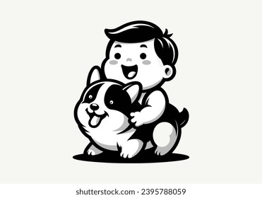 Compañeros curiosos: Niño lindo abrazando un perro adorable con logotipo.Ilustración vectorial