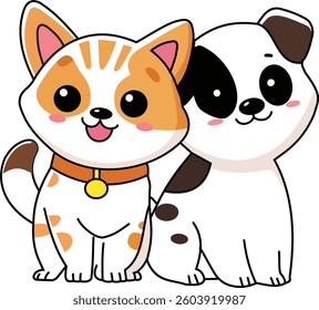 Cuddly Puppy and Kitten Friends Vector Illustration
