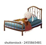 Cuddly teddy bear and bunny sleeping in bed hugging. Animals sleeping in bed in children bedroom, lullaby nighttime illustration. Isolated vector clipart in watercolor colors for kids.