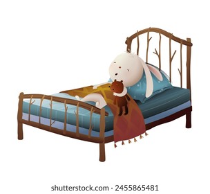 Cuddly teddy bear and bunny sleeping in bed hugging. Animals sleeping in bed in children bedroom, lullaby nighttime illustration. Isolated vector clipart in watercolor colors for kids.