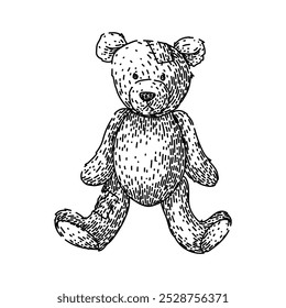 kuscheliger Teddybär, handgezeichnet. weiches Spielzeug, ausgestopft niedlich, Umarmung Komfort kuscheligen Teddybär Vektorskizze. einzelne schwarze Illustration