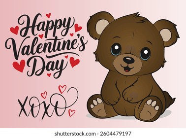 A cuddly teddy bear sitting with a Valentines Day message.