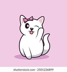 Cuddly White Cat with a Bow: A Lovable and Funny Vector Cartoon Icon