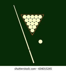 cue and balls for billiards lay on a green background