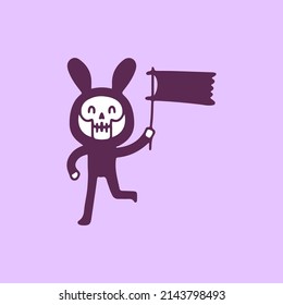 Cue bunny skull holding flag, illustration for t-shirt, sticker, or apparel merchandise. With doodle, retro, and cartoon style.