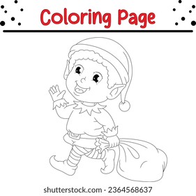 Cue Christmas elf coloring page for children. Merry Christmas Coloring book Black and white vector illustration.