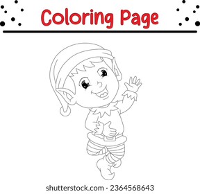 Cue Christmas elf coloring page for children. Merry Christmas Coloring book Black and white vector illustration.