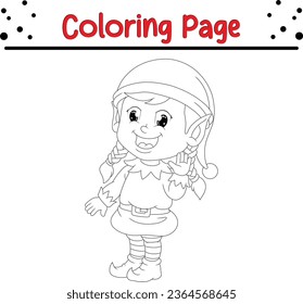 Cue Christmas elf coloring page for children. Merry Christmas Coloring book Black and white vector illustration.