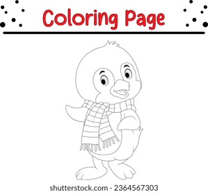Cue Christmas Penguin coloring page for children. Merry Christmas Coloring book Black and white vector illustration.