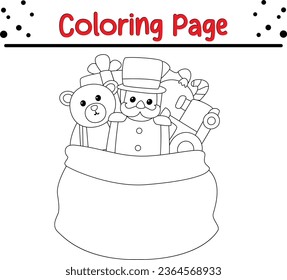 Cue Christmas  santa gift bag full of toys and gifts coloring page for children. Merry Christmas Coloring book Black and white vector illustration.