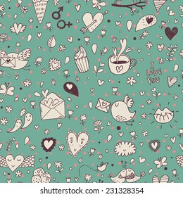 Cue concept seamless pattern with birds, hot cups, letters, cupcakes and hearts. Seamless pattern can be used for wallpapers, pattern fills, web page backgrounds, surface textures.