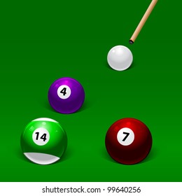 cue hits white pool ball on three billiard balls