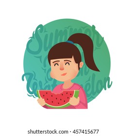 Cue little girl eating watermelon in summertime. Girl eating watermelon. Lettering. Vector