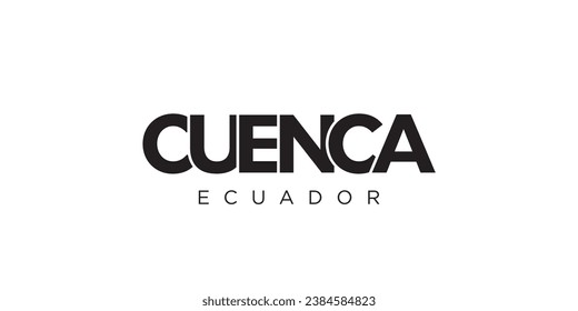 Cuenca en el emblema ecuatoriano para prensa y web. El diseño presenta estilo geométrico, ilustración vectorial con tipografía audaz en fuente moderna. Letras gráficas de eslóganes aisladas en fondo blanco.