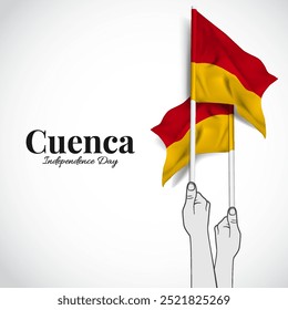 Día de la Independencia de Cuenca. Manos sosteniendo las banderas de Cuenca. Ilustración vectorial. 
