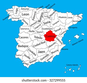 Cuenca map silhouette vector. Spain province. Spain with separated regions isolated on background. Spain autonomy areas map. Editable vector map of Spain.