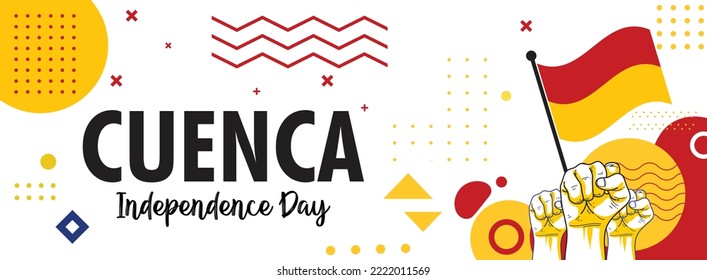 Cuenca national day banner with Cuenca flag red and yellow colors theme background and geometric abstract retro modern design, people protest or Cuenca supporters. Raised Fists Vector Illustration