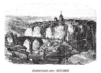 Cuenca in Spain, during the 1890s, vintage engraving. Old engraved illustration of Cuenca. Trousset encyclopedia (1886 - 1891).