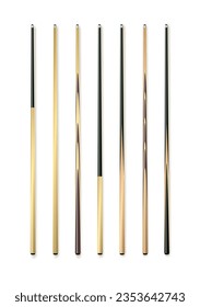 Cues for billiard, snooker realistic templates. Wooden sticks with various design for cuesports. Vector illustration