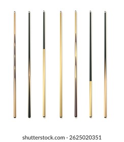 Indicações para modelos realistas de bilhar e snooker. Bastões de madeira com vários projetos para cuesports. Vetor