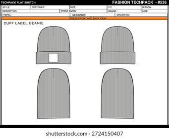CUFF LABEL BEANIE EASY EDITÁVEL VAZIO TECHPACK LAYOUT DESIGN DE MODELO
