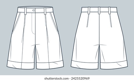 Cuff Shorts ilustración de moda técnica. Pantalones cortos de moda plana plantilla de dibujo técnico, cintura alta, bolsillos, vista frontal y posterior, blanco, mujeres, hombres, maqueta CAD unisex.