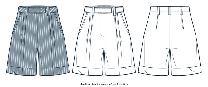 Cuff Shorts technical fashion illustration. Classic Short Pants fashion flat technical drawing template, high waist, pockets, front, back view, white, grey, women, men, unisex CAD mockup set.