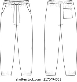 Cuff SweatPantalones Plano Ilustración Técnica de Dibujo Cinco Pocket Classic Blank Streetwear Plantilla de maquillaje para Design Tech Packs Joggers CAD