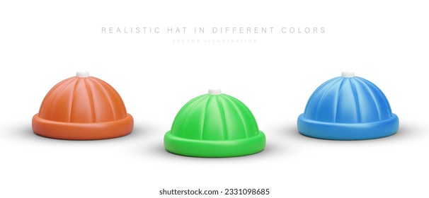 Cuffed fisherman beanie hat in different colors. Stylish modern accessory. Set of headgear. Orange, green, blue vector round hat. Image on white background. Icons for clothing store