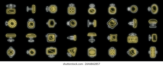 Cufflinks glowing neon icons set featuring various designs and styles for formal occasions, adding a touch of elegance and sophistication to attire