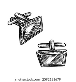 Cufflinks. A hand-drawn vector graphic illustration. Black and white image of a men s accessory. Separate from the background. Perfect for banners, flyers, packages, labels, invitations, and more.