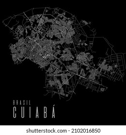 Cuiaba city vector map poster. Brazil municipality square linear street map, administrative municipal area, white lines on black background, with title.