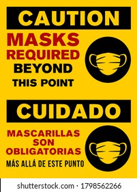 Cartel de Cuidado de la Máscara Coronavirus (Traducción: Precaución, Máscaras Necesarias Más Allá De Este Punto).