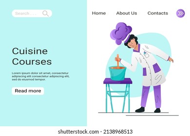 Cuisine courses landing page template. A male character cooks soup in the kitchen. Food at home. Cartoon illustration.