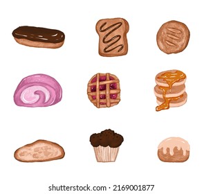 Cuisine dessert handdrawn watercolor vector collection set. Cupcakes, fruit pie, bread, pastry vector