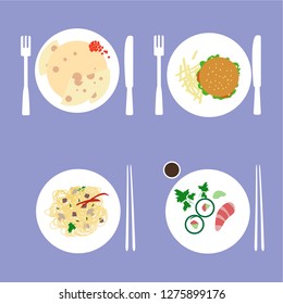 Cuisine of different countries. Pancakes, sushi, hamburger, noodles.