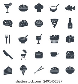 Cuisine, food and drink icons set, Included icons as Chopsticks, Ice Cream Cone, Taco, Hamburger and more symbols collection, logo isolated vector illustration