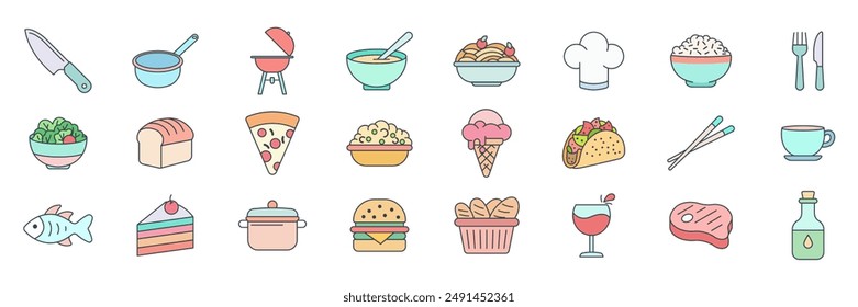 Cuisine, food and drink icons set, Included icons as Chopsticks, Ice Cream Cone, Taco, Hamburger and more symbols collection, logo isolated vector illustration
