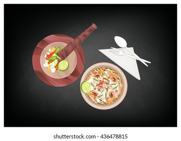 Cuisine and Food, Green Papaya Salad with Dried Shrimps on Black Chalkboard. One of The Most Popular Dish in Thailand.