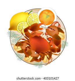 Cuisine and Food, Illustration of Crab with Legs and Crab Claws Served with Lemon Slices and Butter Sauce Isolated on White Background. 